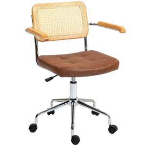 Fauteuil de bureau Homcom marron avec dossier en rotin PE et accoudoirs en bois