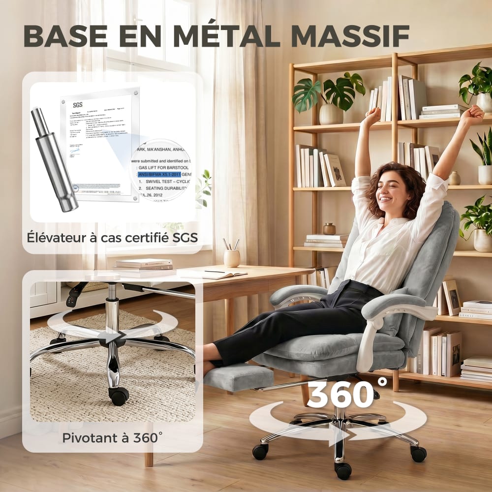 Fauteuil de bureau inclinable Homcom gris clair avec repose-pieds et coussin lombaire — vue 5