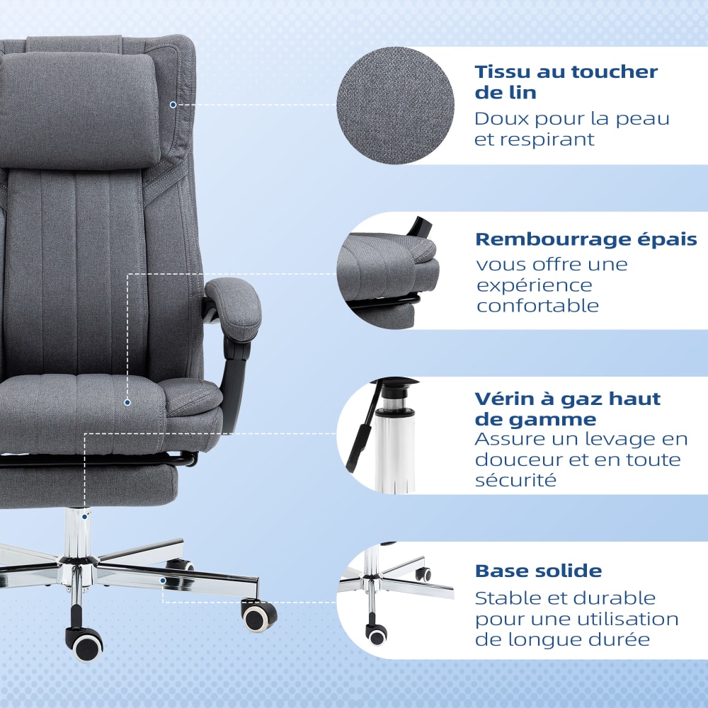 Fauteuil de bureau Vinsetto gris avec dossier inclinable et repose-pieds escamotable — vue 5