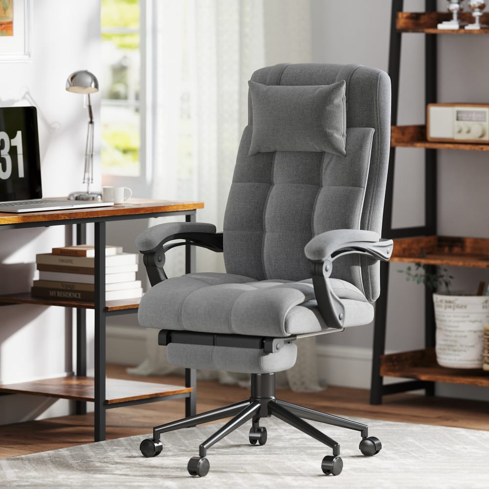 Fauteuil de bureau Vinsetto avec dossier inclinable, repose-pieds et tissu gris — vue 3