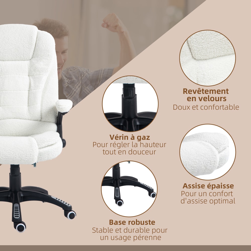 Fauteuil de bureau Vinsetto blanc pivotant avec dossier inclinable et télécommande filaire — vue 6