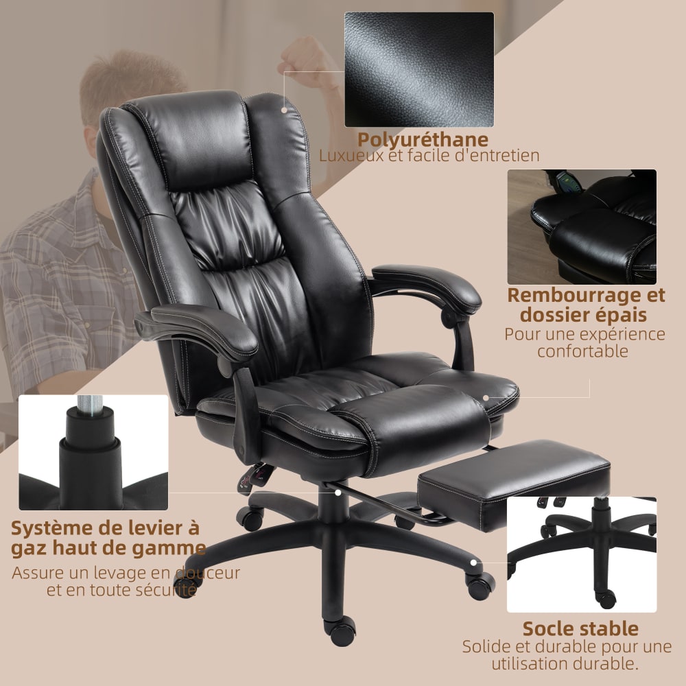 Fauteuil de bureau massant Vinsetto noir avec repose-pieds rétractable et dossier inclinable — vue 5