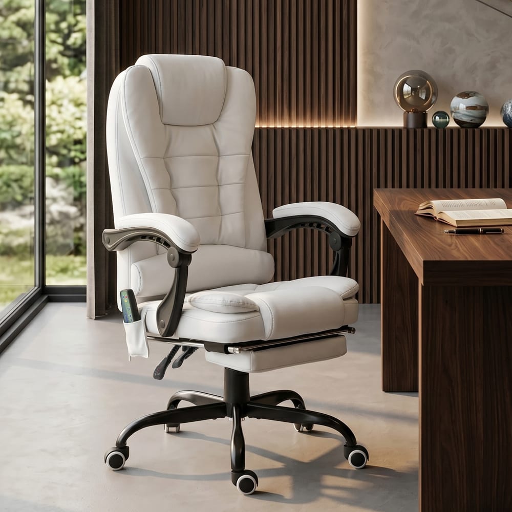 Fauteuil de bureau massant Vinsetto blanc avec repose-pieds rétractable et dossier inclinable — vue 2