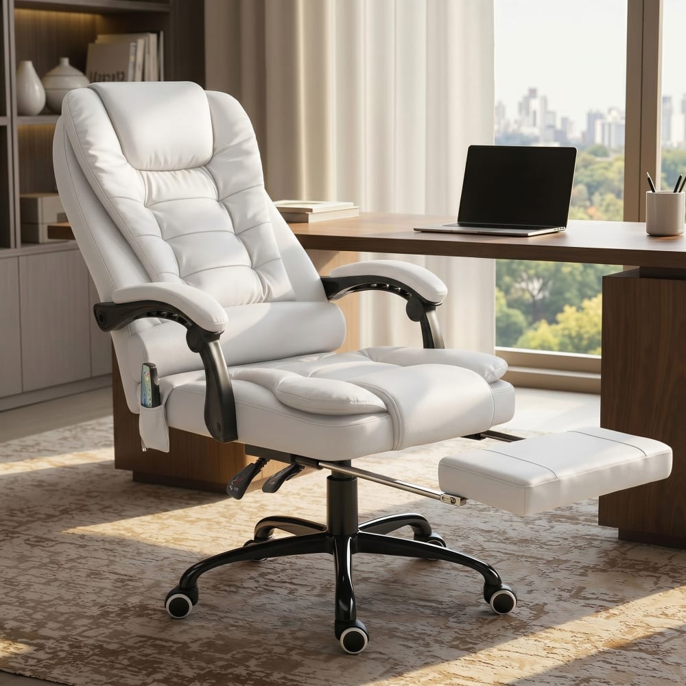Fauteuil de bureau massant Vinsetto blanc avec repose-pieds rétractable et dossier inclinable — vue 5
