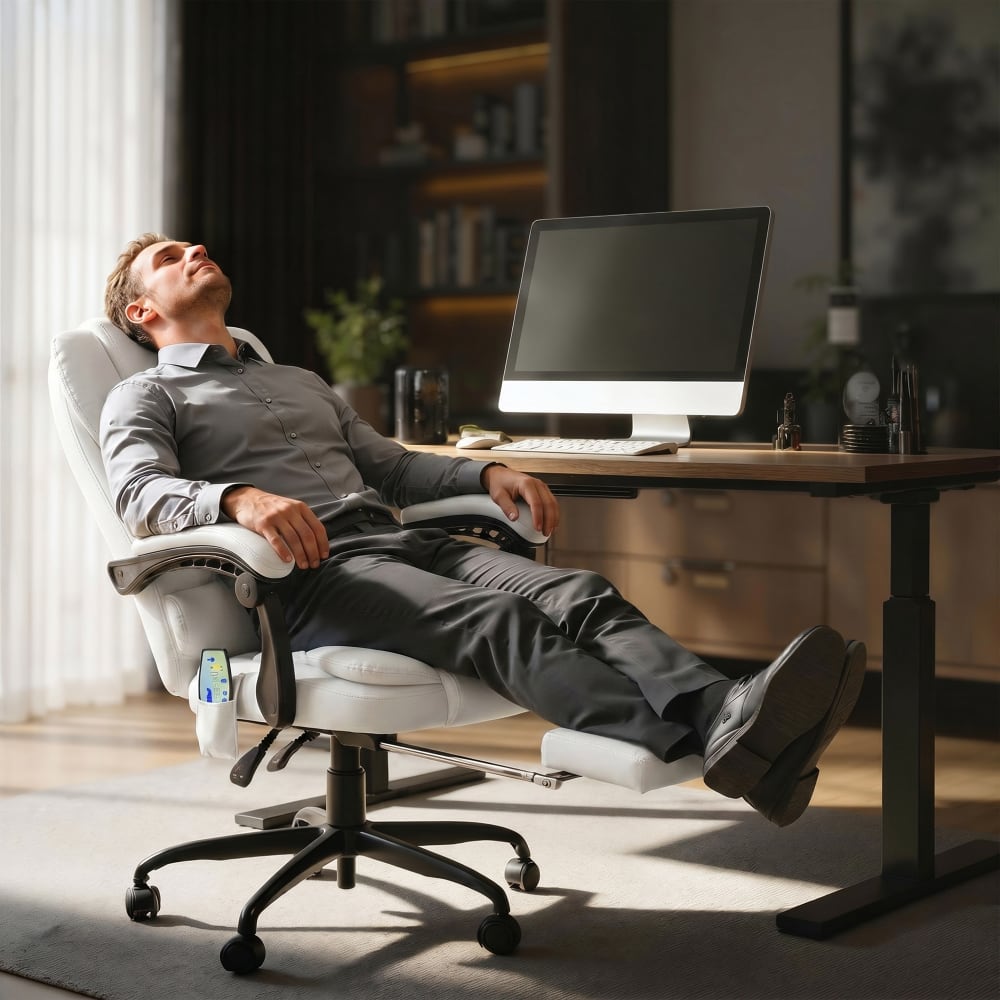 Fauteuil de bureau massant Vinsetto blanc avec repose-pieds rétractable et dossier inclinable — vue 6