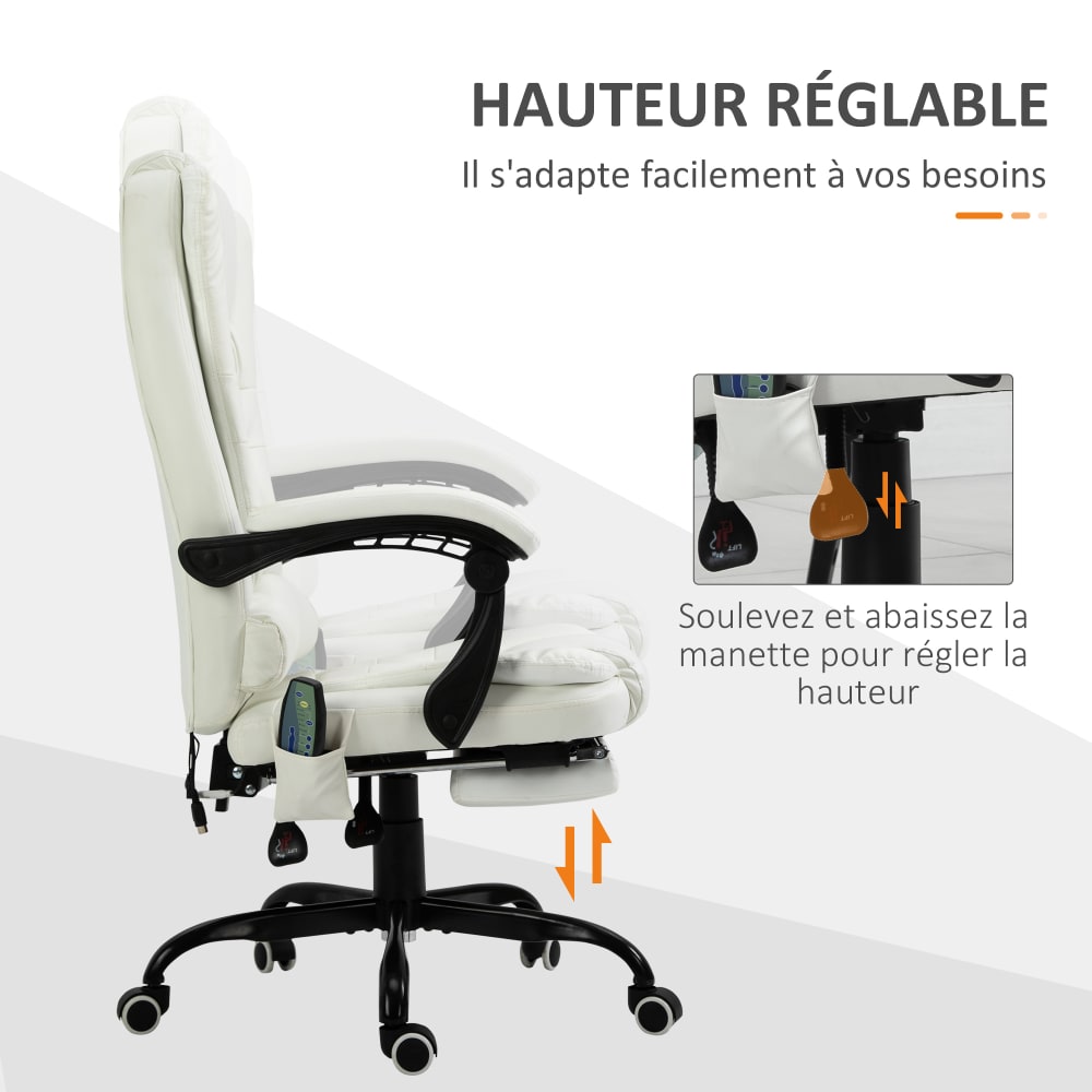 Fauteuil de bureau massant Vinsetto blanc avec repose-pieds rétractable et dossier inclinable — vue 7