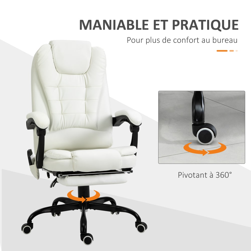 Fauteuil de bureau massant Vinsetto blanc avec repose-pieds rétractable et dossier inclinable — vue 8