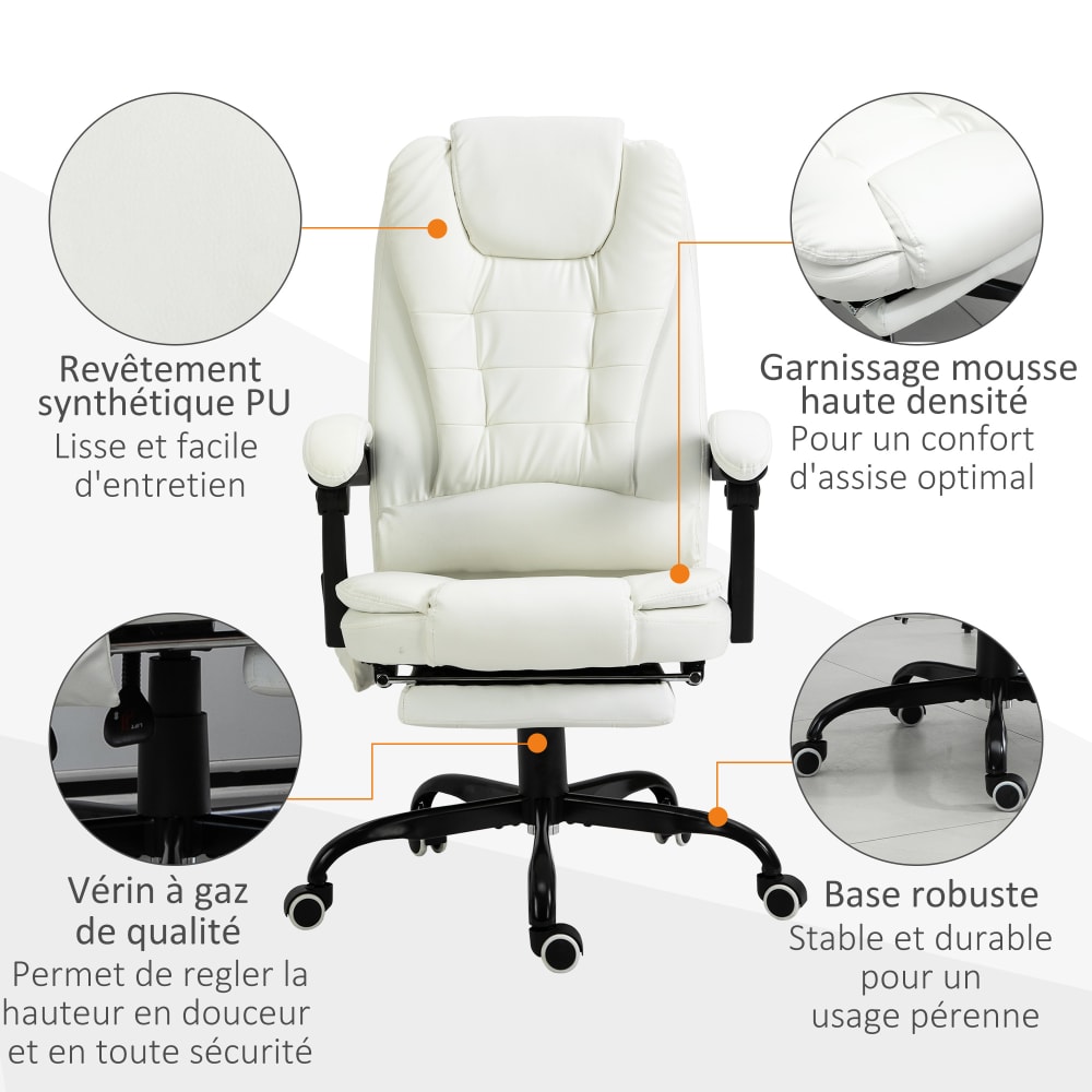 Fauteuil de bureau massant Vinsetto blanc avec repose-pieds rétractable et dossier inclinable — vue 9