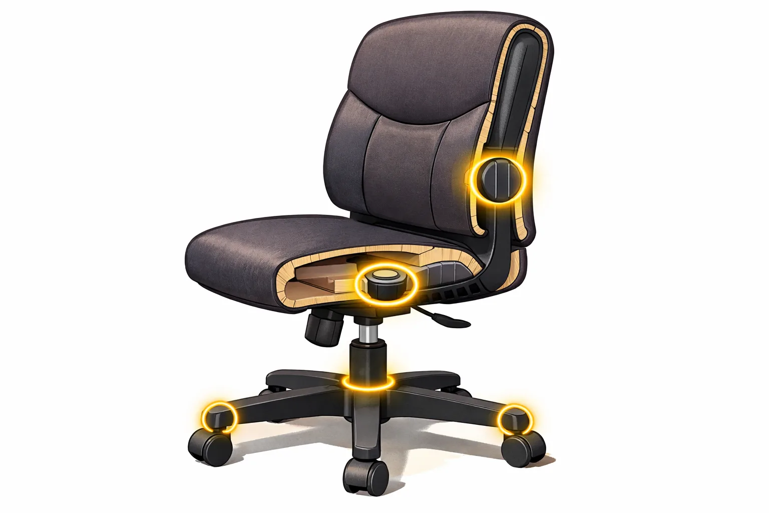 Fauteuil de bureau vu de trois quarts, avec l’assise, le dossier et le piètement visibles.