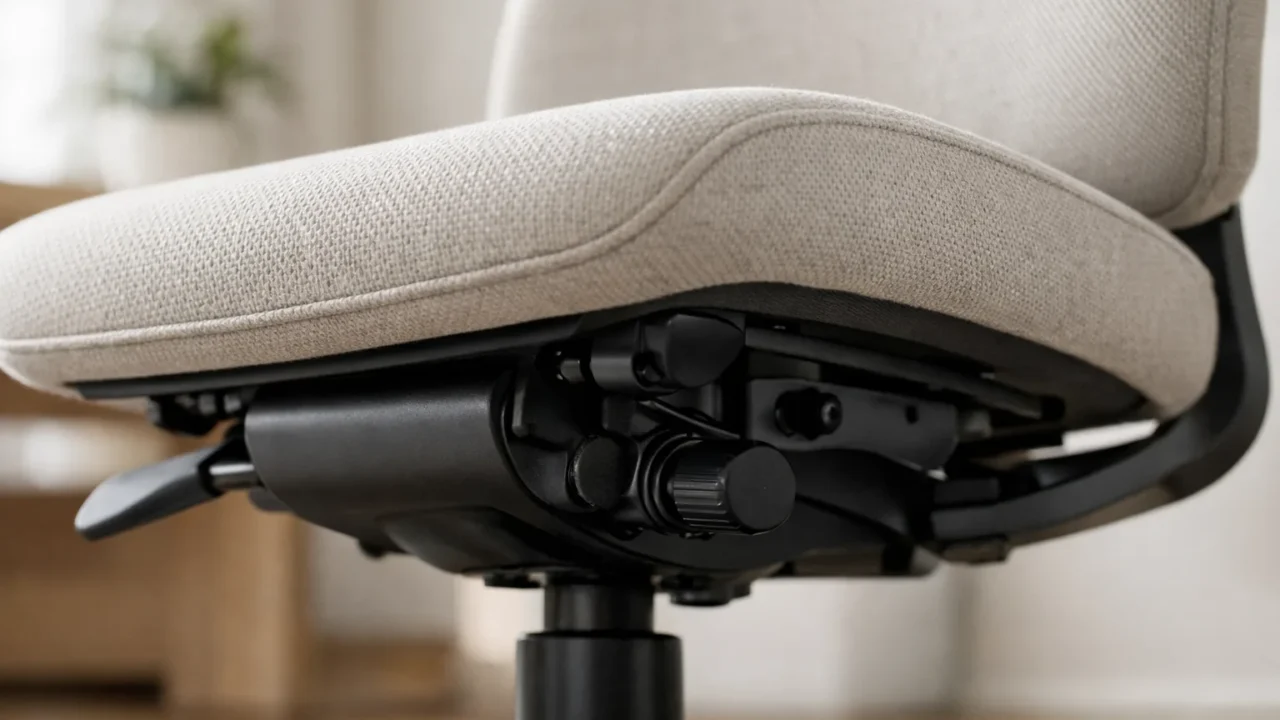Vue rapprochée du mécanisme sous l’assise d’un fauteuil de bureau dans un espace de travail.