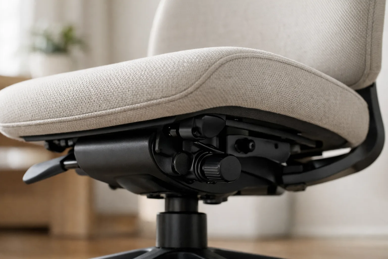 Vue rapprochée du mécanisme sous l’assise d’un fauteuil de bureau dans un espace de travail.