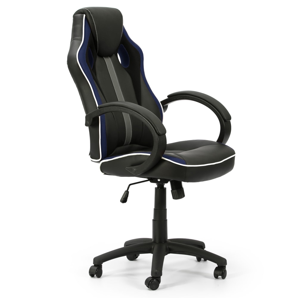 Fauteuil de bureau HOMN noir et bleu, dossier inclinable et piètement chromé