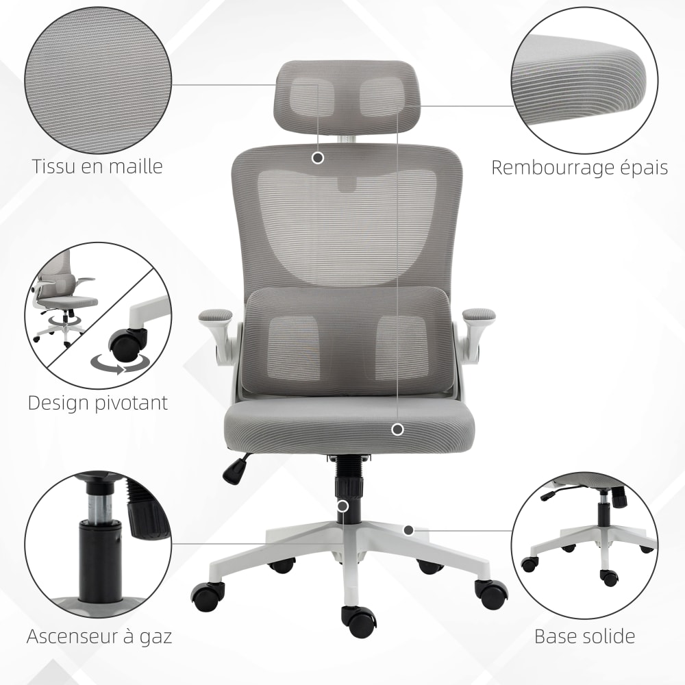 Fauteuil de bureau Vinsetto gris et blanc avec dossier en maille — vue 5