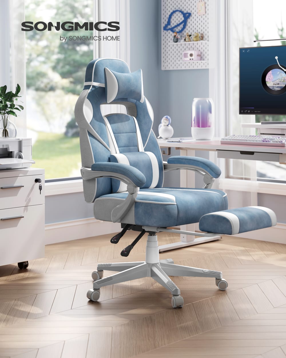 Fauteuil de bureau SONGMICS bleu lac avec repose-pieds télescopique blanc crème — vue 2