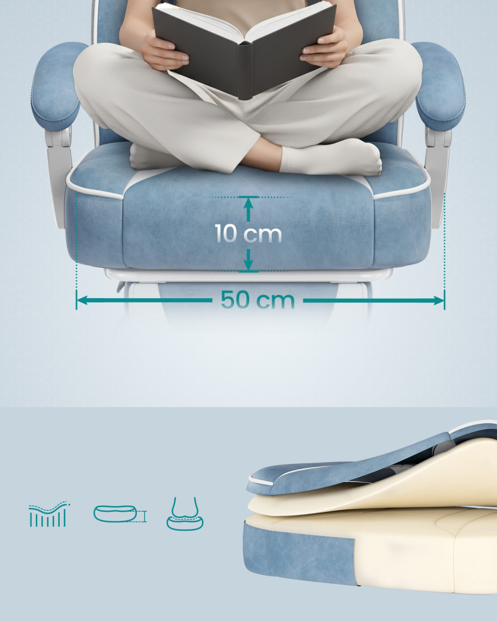 Fauteuil de bureau SONGMICS bleu lac avec repose-pieds télescopique blanc crème — vue 3