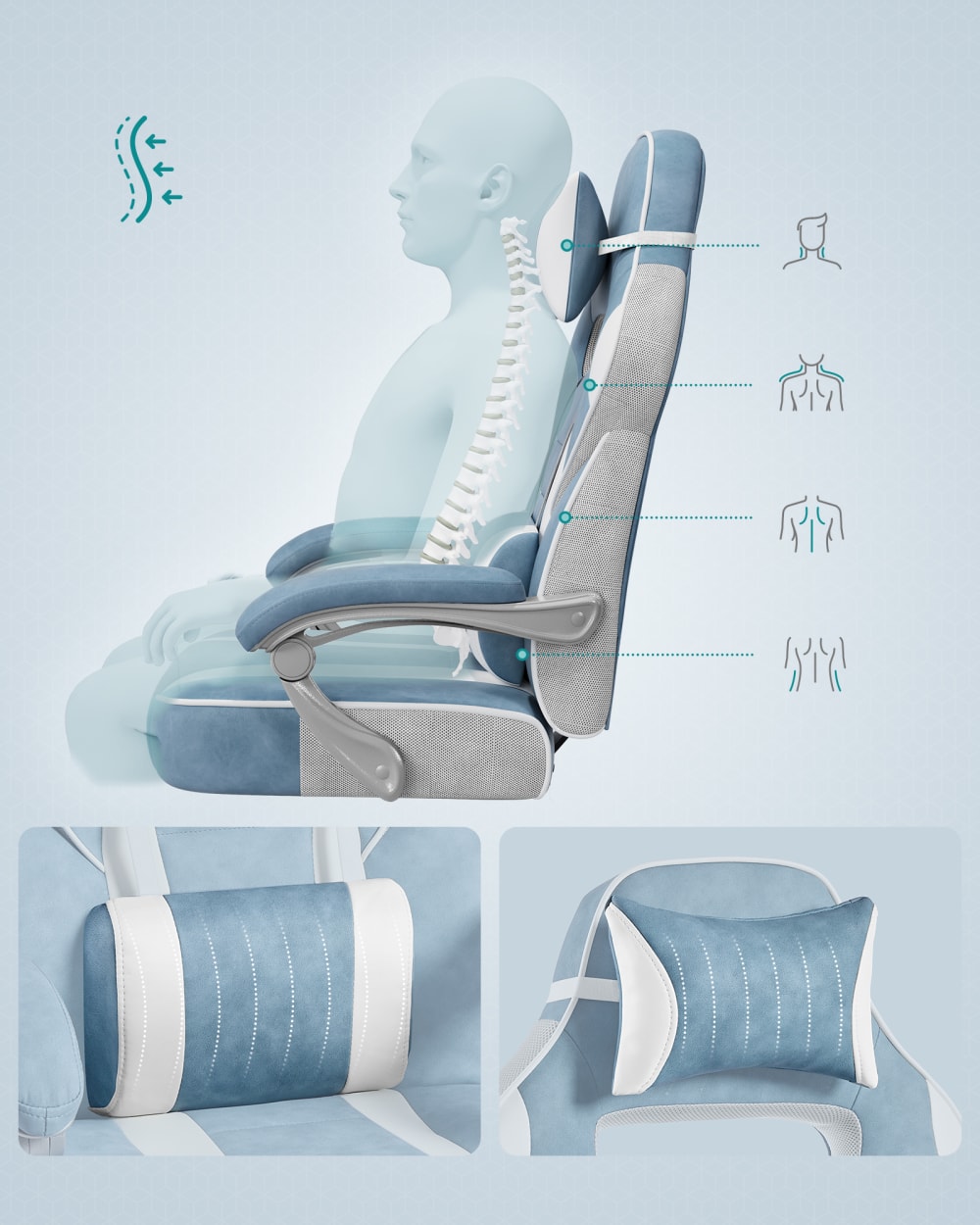 Fauteuil de bureau SONGMICS bleu lac avec repose-pieds télescopique blanc crème — vue 4