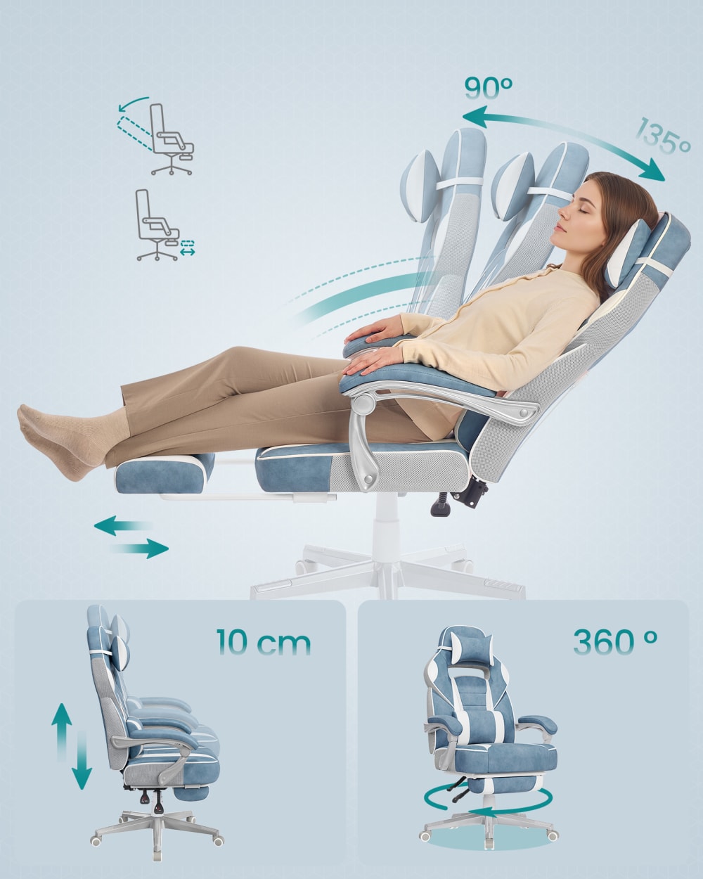 Fauteuil de bureau SONGMICS bleu lac avec repose-pieds télescopique blanc crème — vue 5
