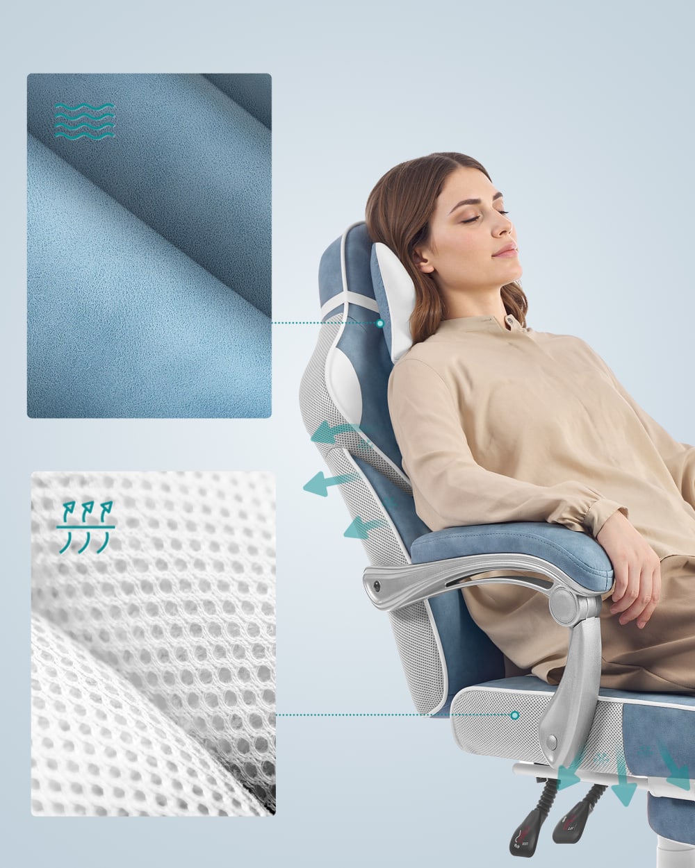 Fauteuil de bureau SONGMICS bleu lac avec repose-pieds télescopique blanc crème — vue 6