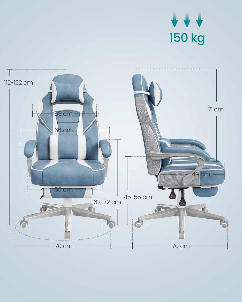 Fauteuil de bureau SONGMICS bleu lac avec repose-pieds télescopique blanc crème — vue 7