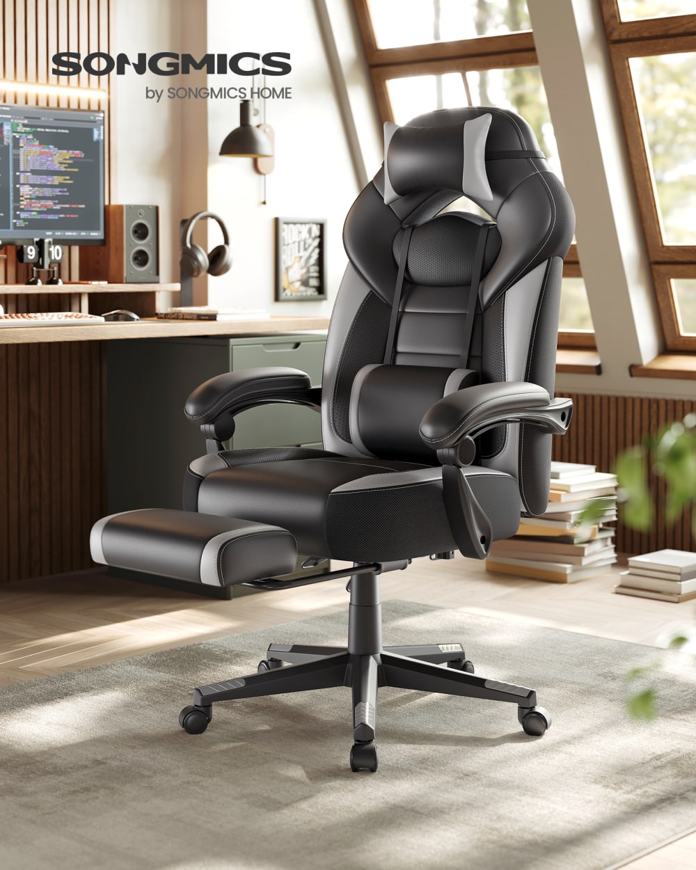 Fauteuil de bureau SONGMICS avec repose-pieds télescopique noir et gris — vue 2