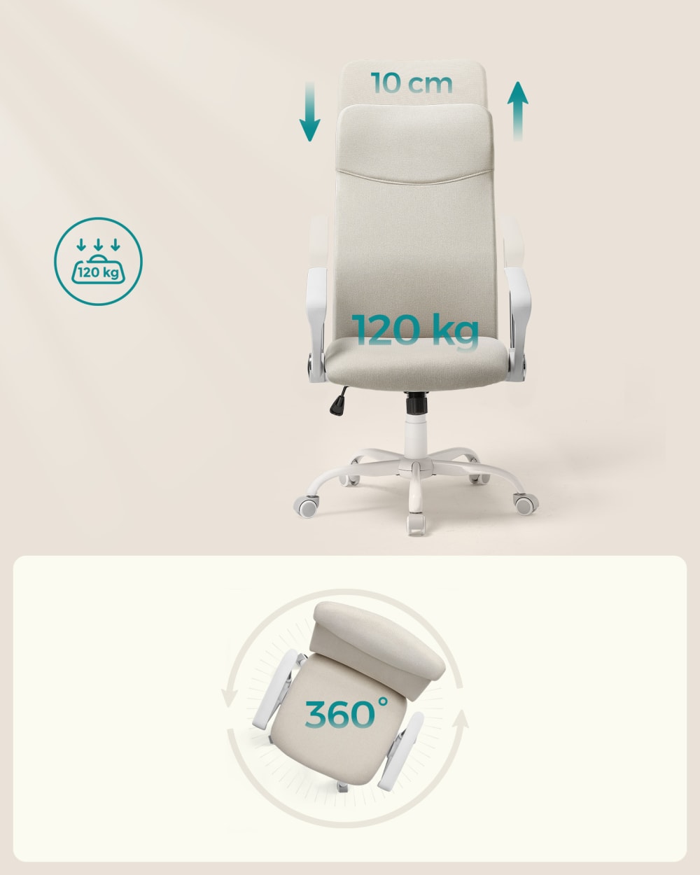 Fauteuil de bureau SONGMICS beige à assise rembourrée et dossier de 65 cm — vue 3