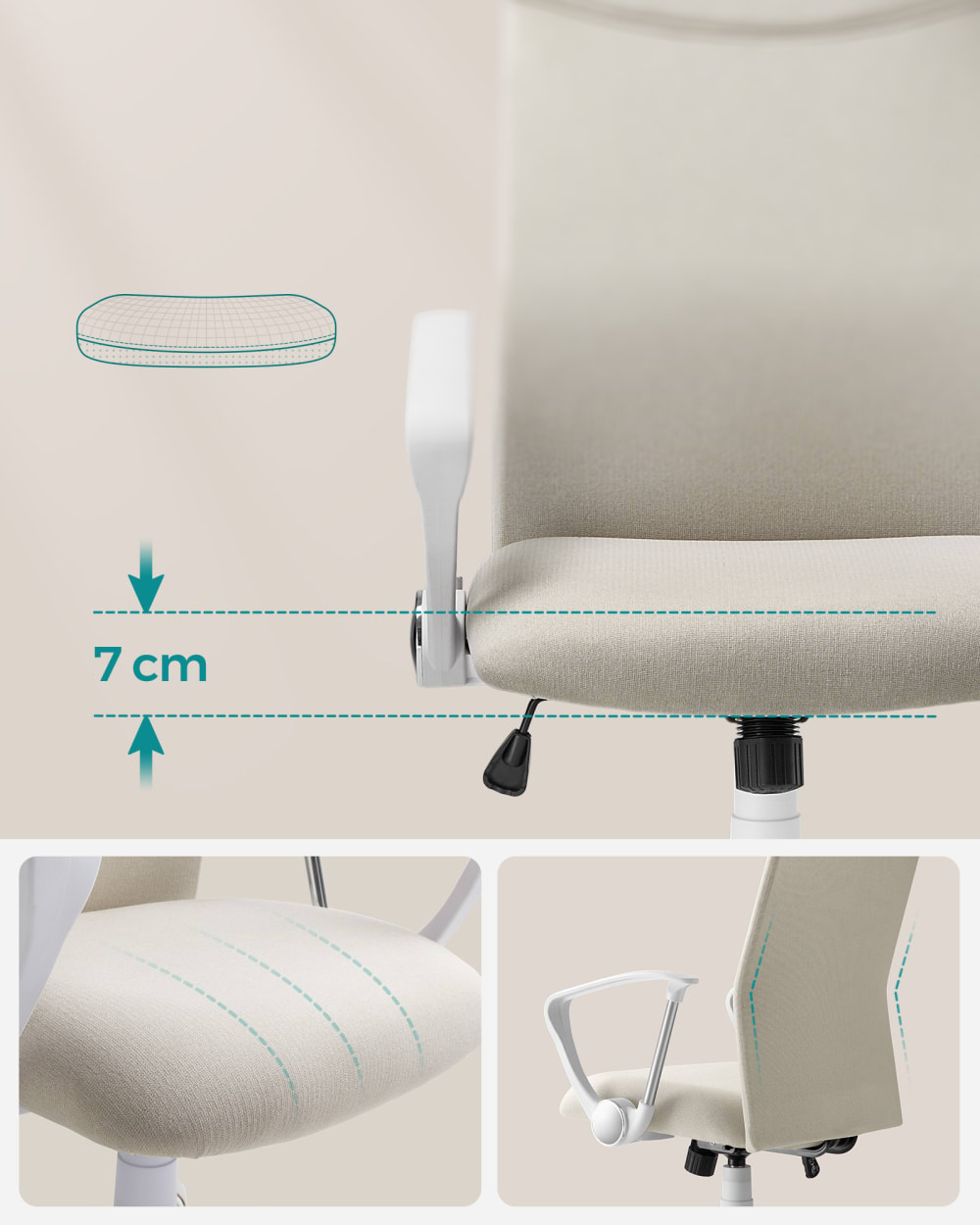 Fauteuil de bureau SONGMICS beige à assise rembourrée et dossier de 65 cm — vue 4