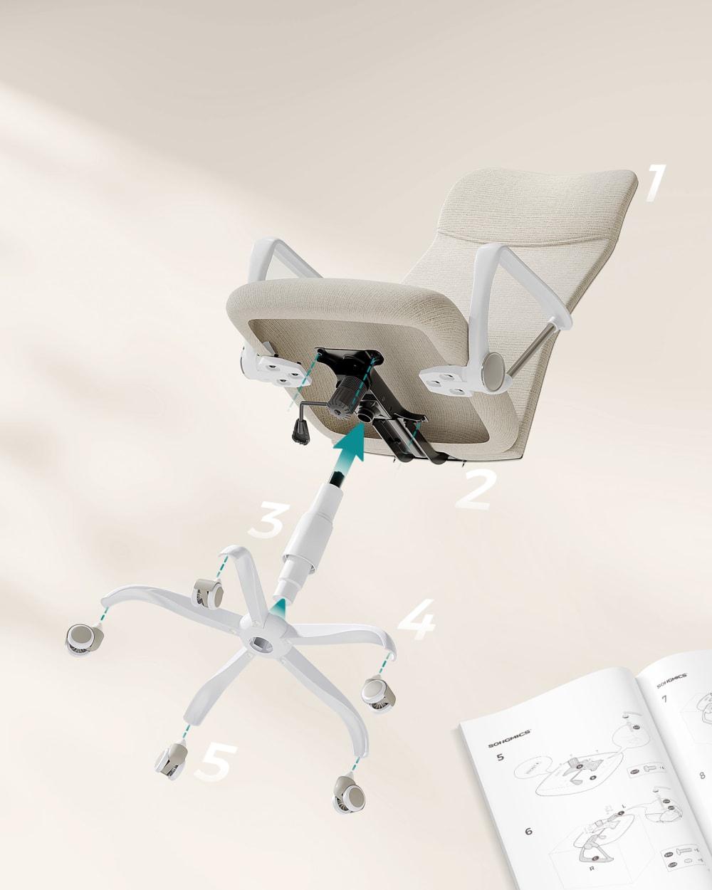 Fauteuil de bureau SONGMICS beige à assise rembourrée et dossier de 65 cm — vue 5