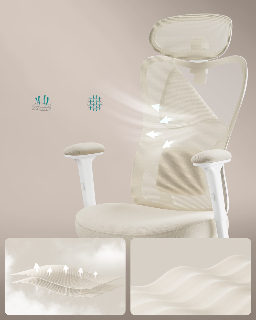 Fauteuil de bureau SONGMICS beige avec dossier en maille et accoudoirs réglables — vue 4
