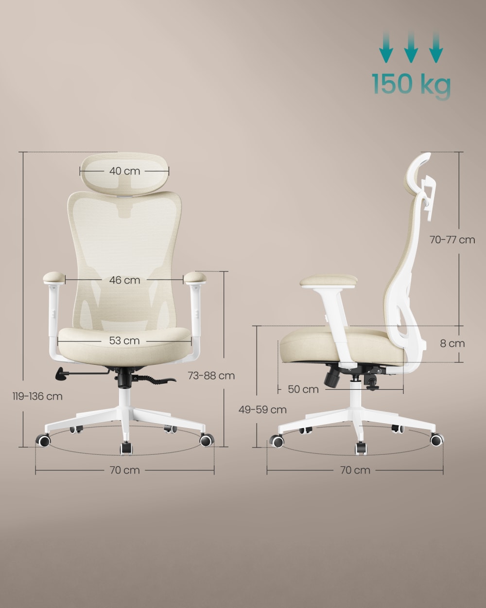 Fauteuil de bureau SONGMICS beige avec dossier en maille et accoudoirs réglables — vue 8