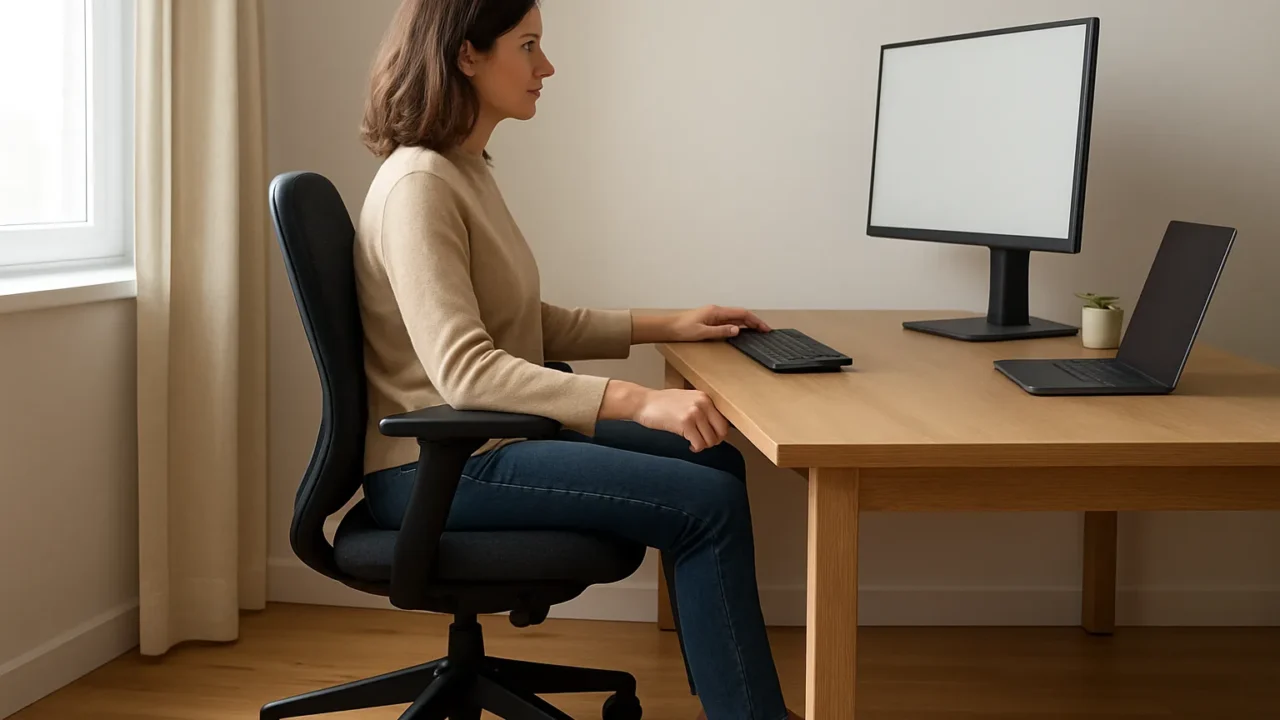 Personne assise de profil à un bureau, les pieds posés au sol et la main près du réglage de hauteur du siège.