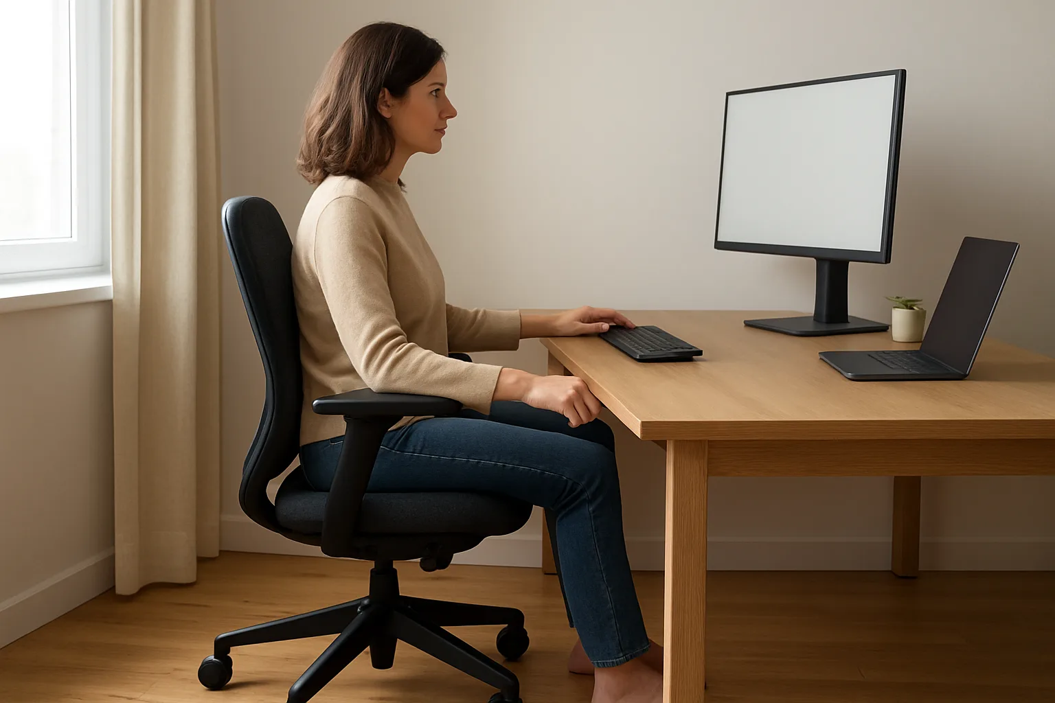 Personne assise de profil à un bureau, les pieds posés au sol et la main près du réglage de hauteur du siège.