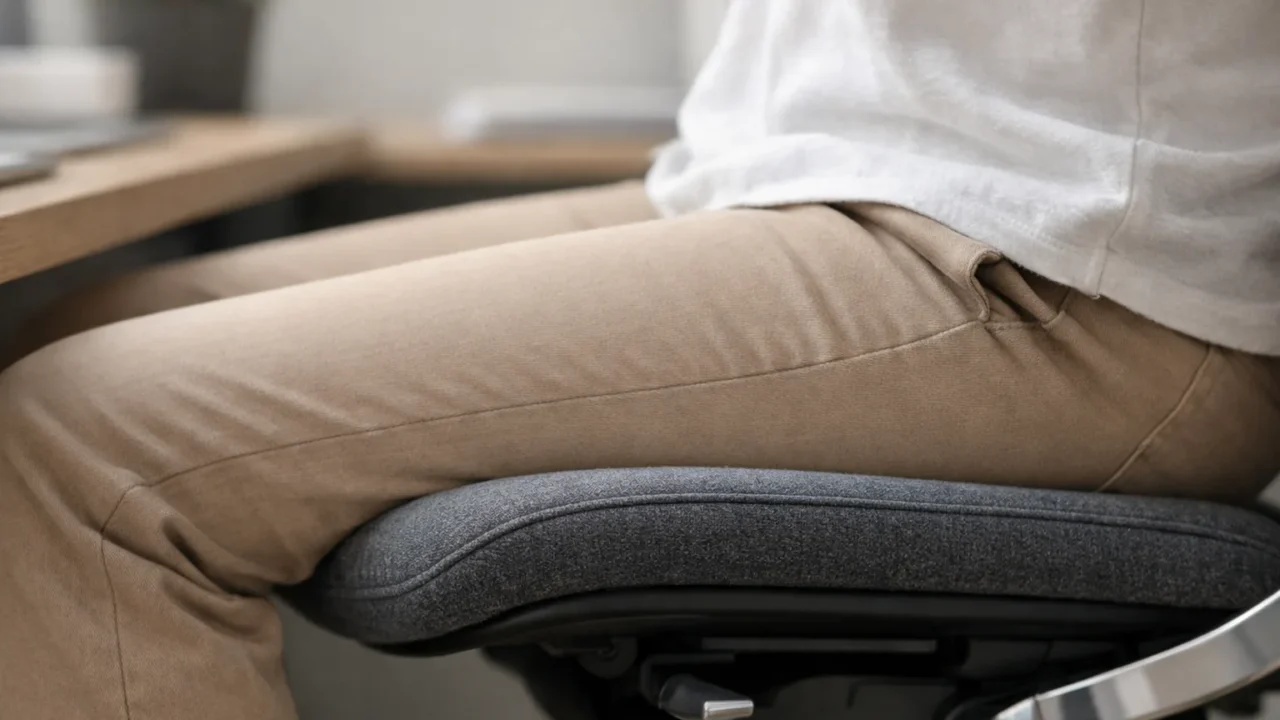 Vue de profil d’une personne assise sur une chaise de bureau, avec le bord avant rembourré de l’assise visible.