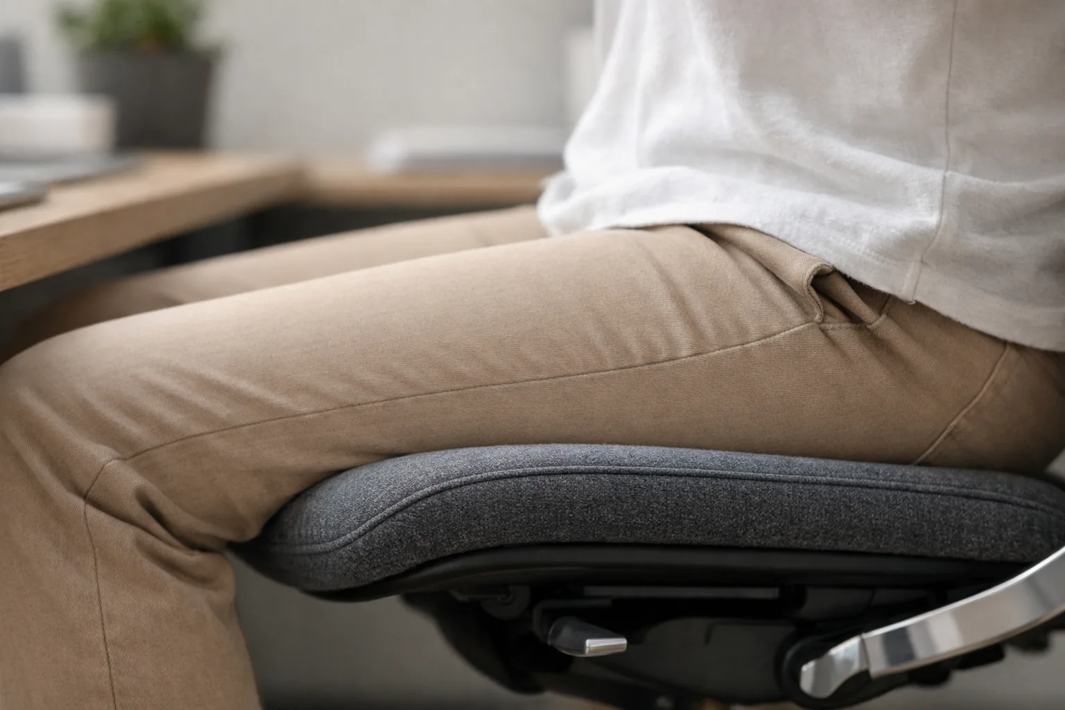 Vue de profil d’une personne assise sur une chaise de bureau, avec le bord avant rembourré de l’assise visible.