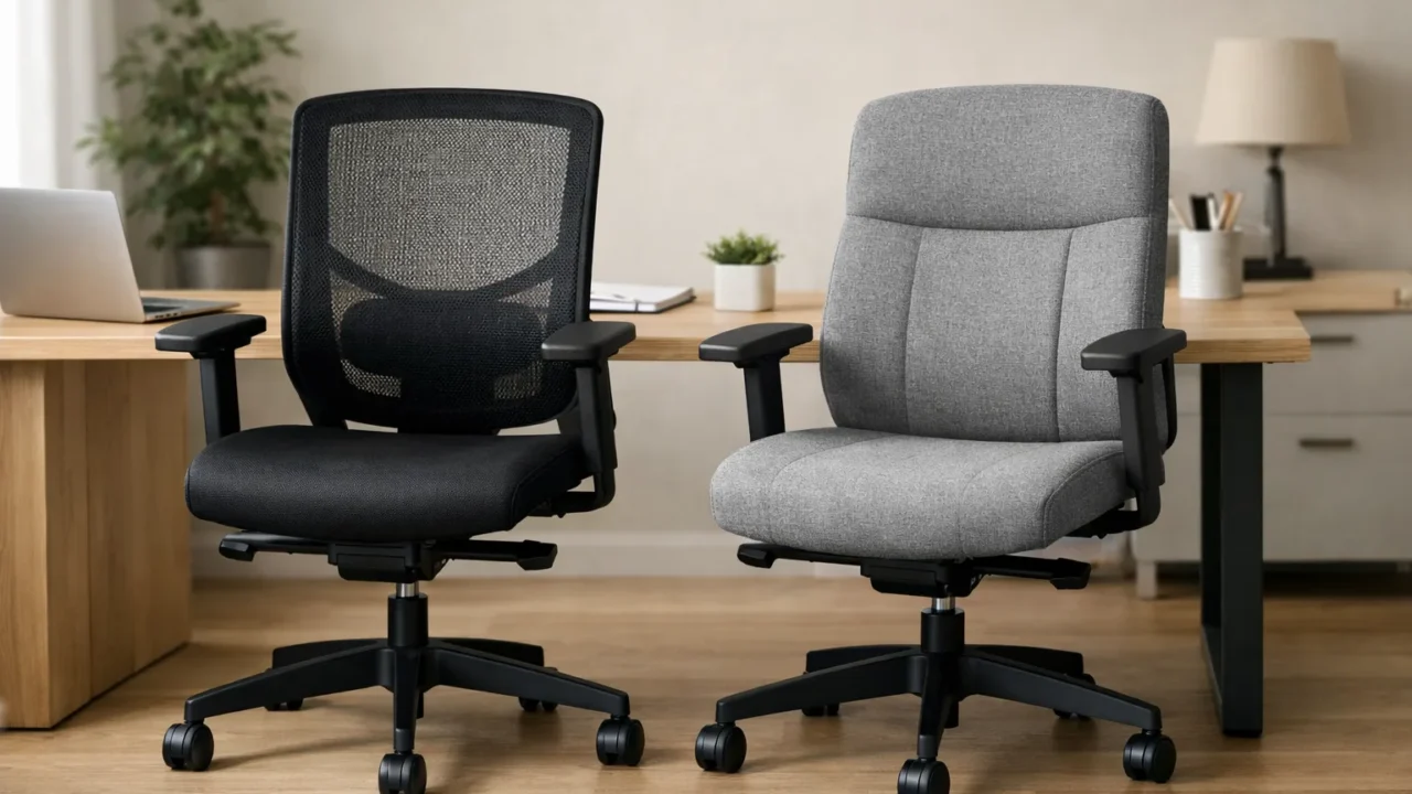Deux sièges de bureau côte à côte, l’un avec un dossier en maille noire et l’autre recouvert de tissu gris.