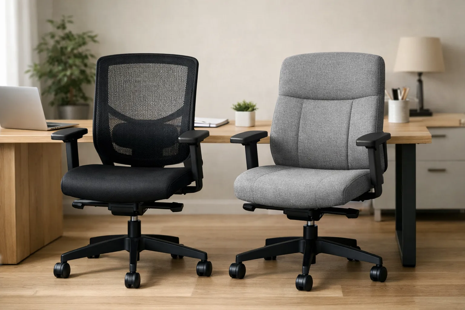 Deux sièges de bureau côte à côte, l’un avec un dossier en maille noire et l’autre recouvert de tissu gris.