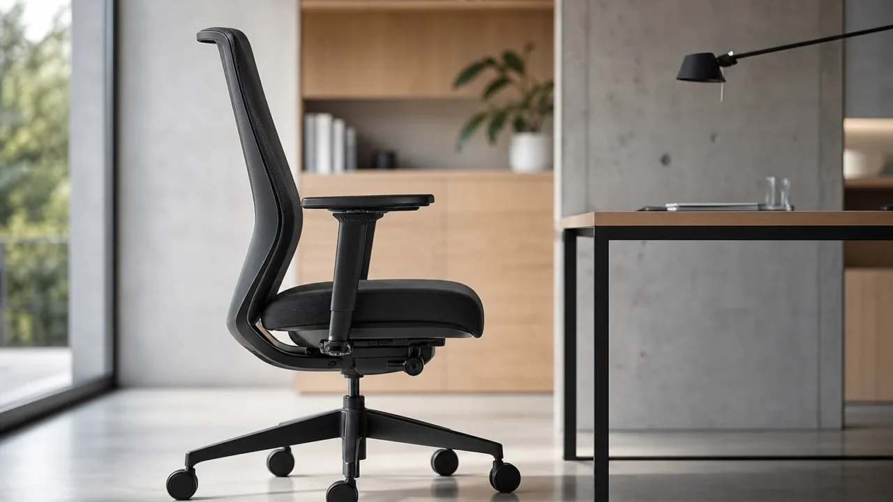 Fauteuil de bureau de profil, dossier incliné vers l’arrière et mécanisme visible sous l’assise.