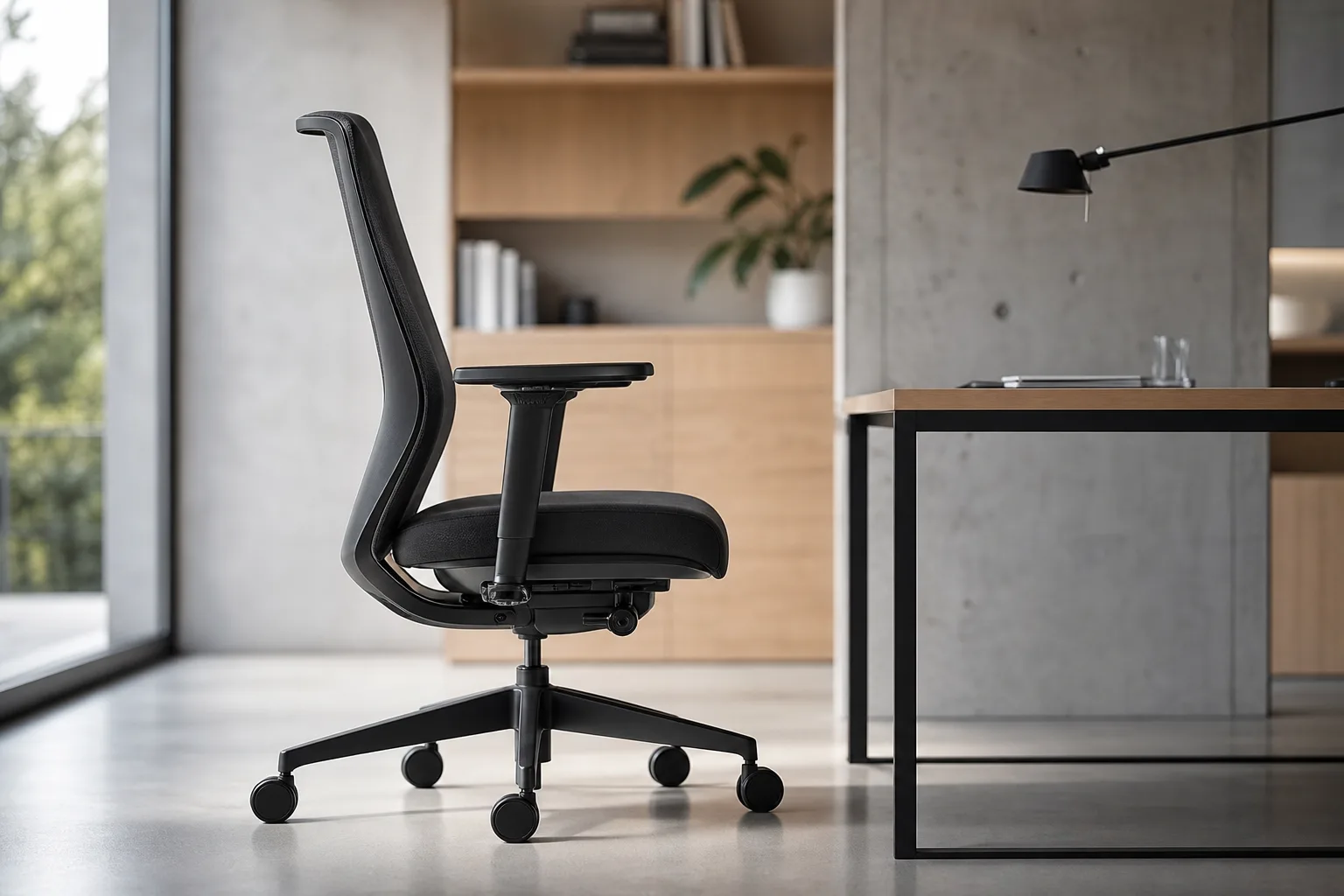 Fauteuil de bureau de profil, dossier incliné vers l’arrière et mécanisme visible sous l’assise.