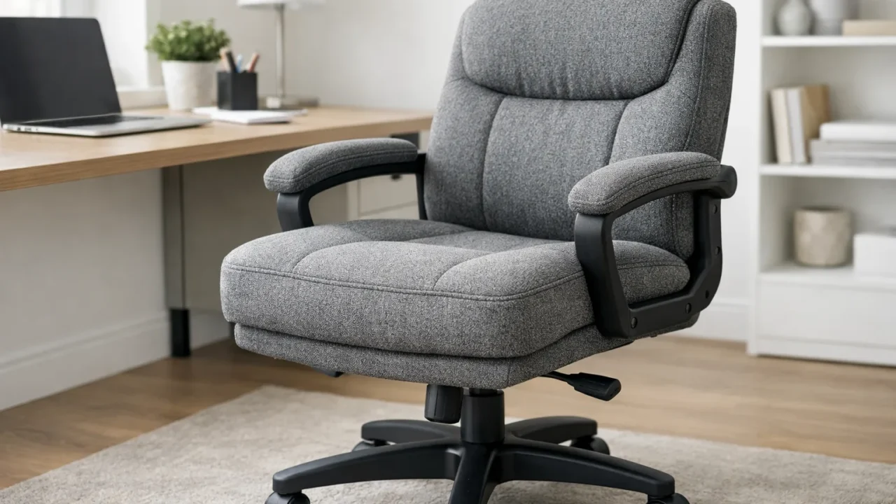 Fauteuil de bureau rembourré avec une assise épaisse en tissu, placé devant un bureau.