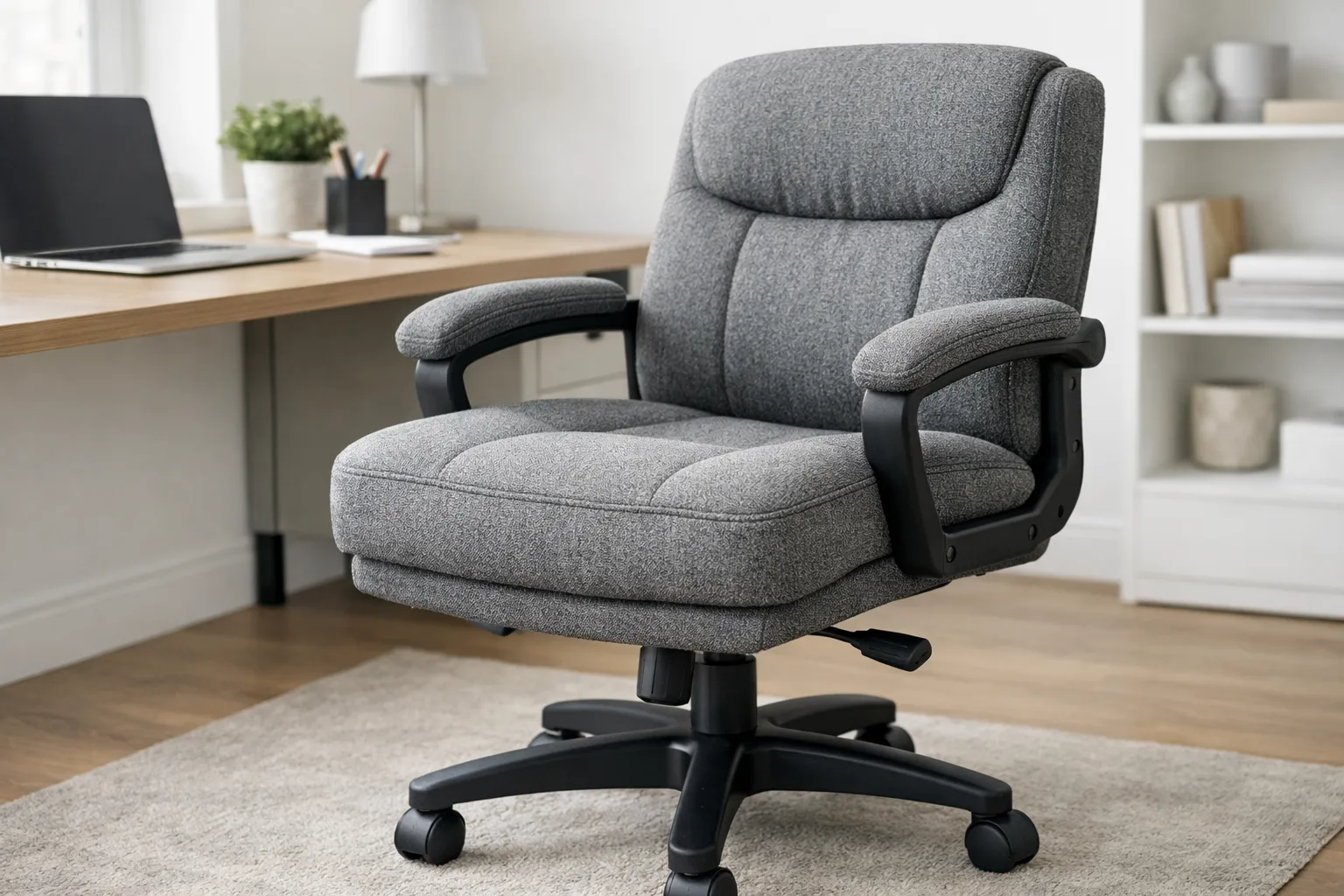 Fauteuil de bureau rembourré avec une assise épaisse en tissu, placé devant un bureau.