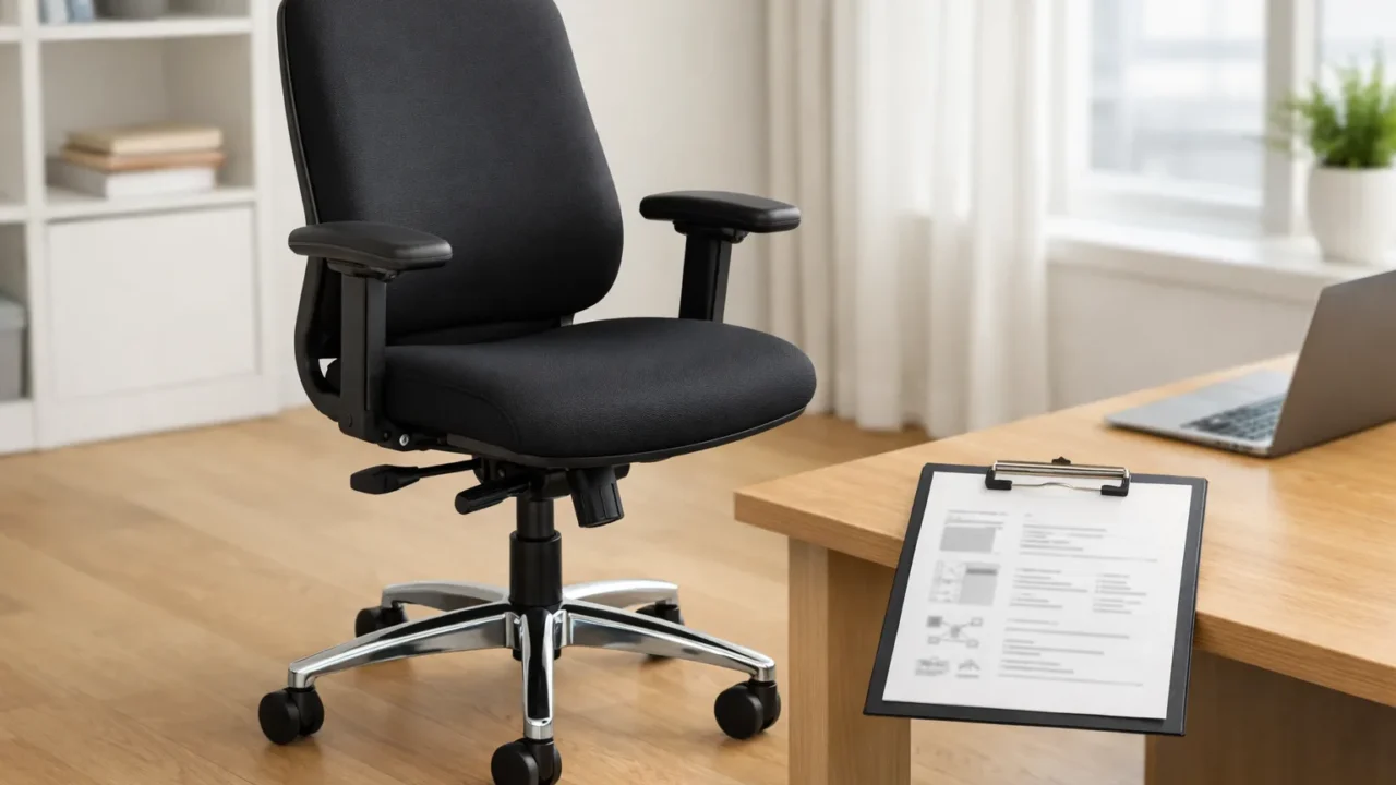 Fauteuil de bureau noir avec piètement à roulettes et fiche technique posée à côté.