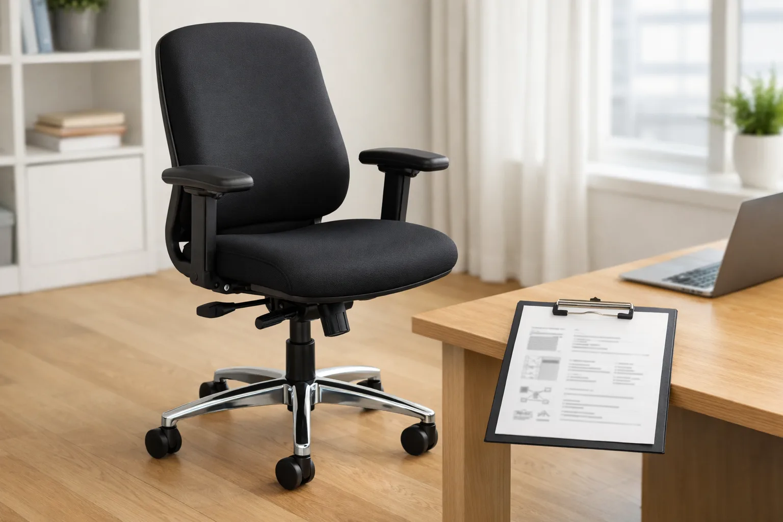 Fauteuil de bureau noir avec piètement à roulettes et fiche technique posée à côté.