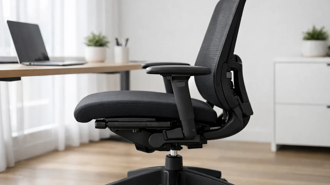 Fauteuil de bureau de profil avec une assise coulissante légèrement avancée par rapport au dossier.