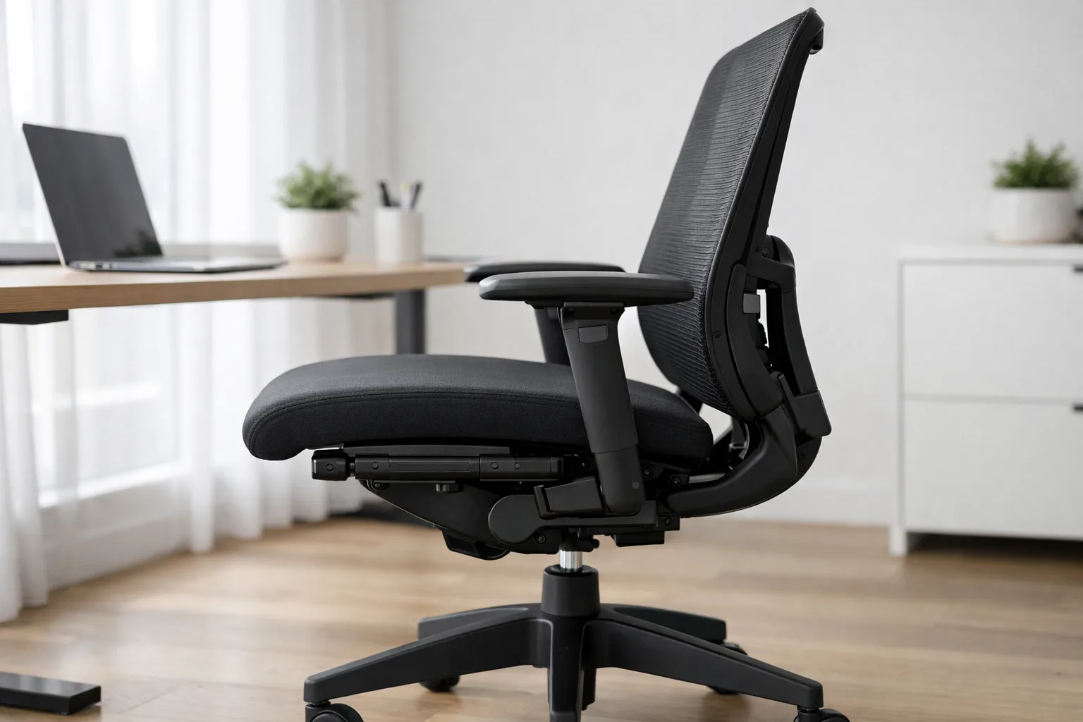 Fauteuil de bureau de profil avec une assise coulissante légèrement avancée par rapport au dossier.