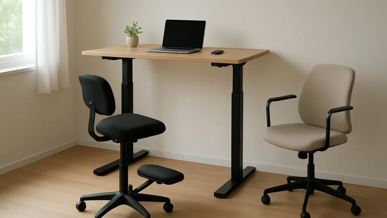Un siège assis-debout avec repose-pieds placé devant un bureau réglable en hauteur.