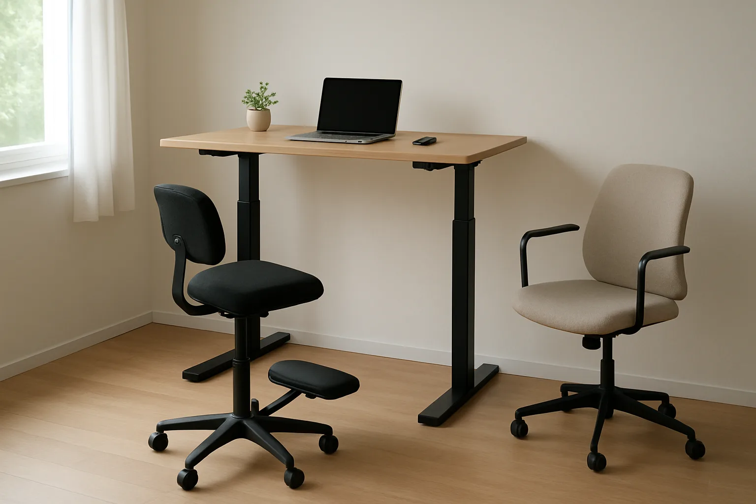 Un siège assis-debout avec repose-pieds placé devant un bureau réglable en hauteur.