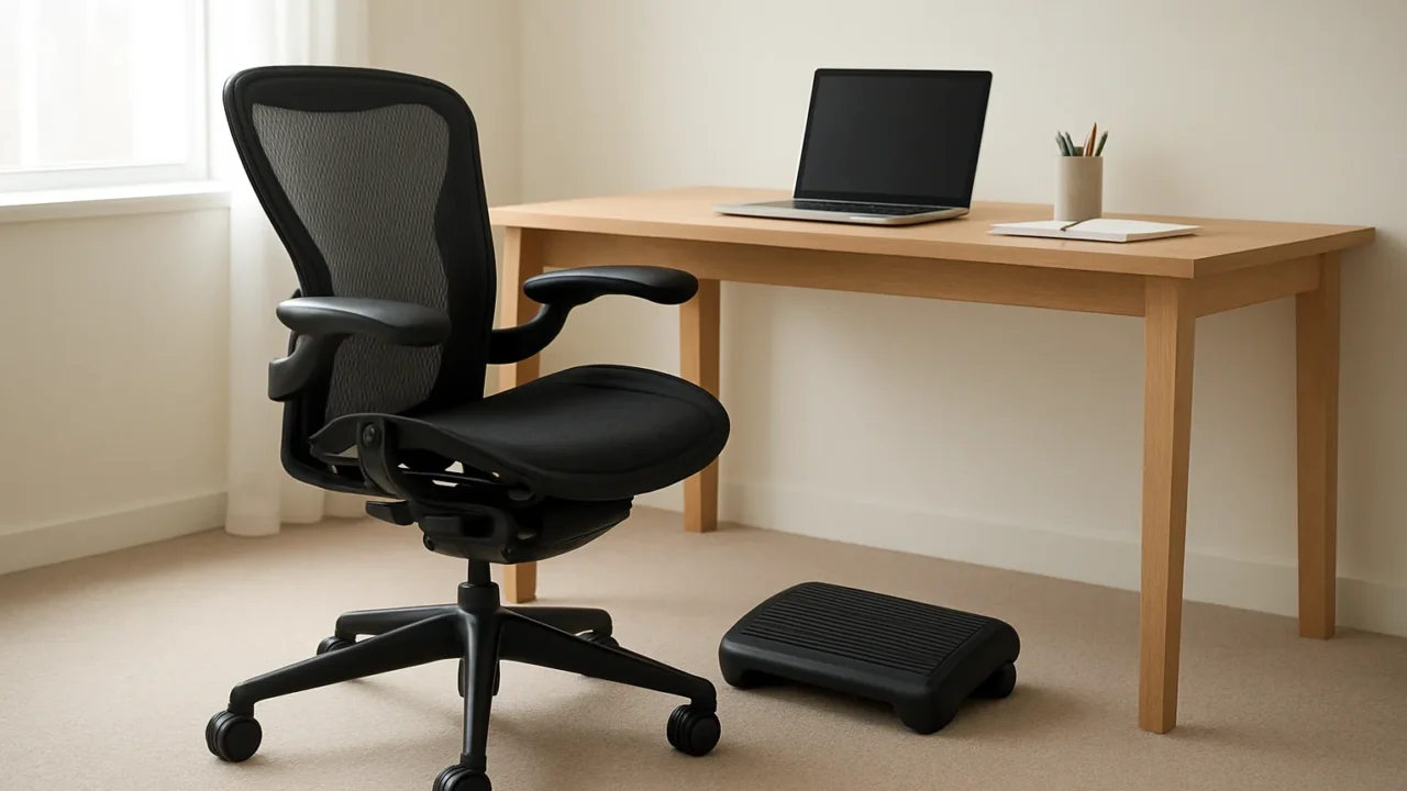 Fauteuil de bureau installé devant un bureau avec un repose-pieds placé sous la table.