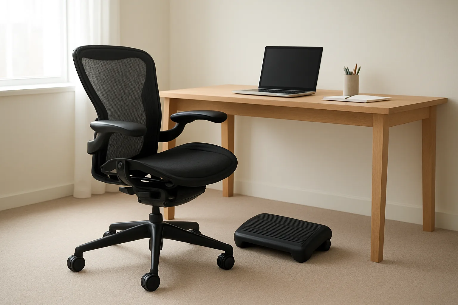 Fauteuil de bureau installé devant un bureau avec un repose-pieds placé sous la table.