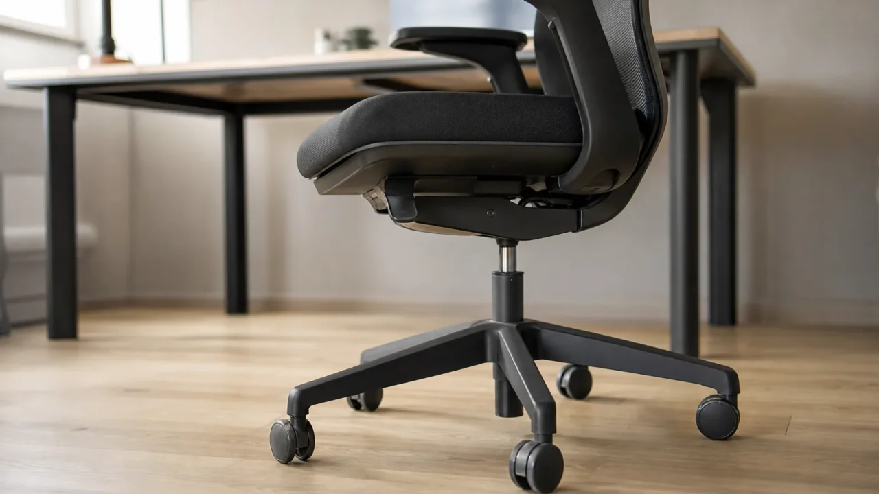 Gros plan sur les roulettes d’un siège de travail posées sur un parquet clair près d’un bureau.