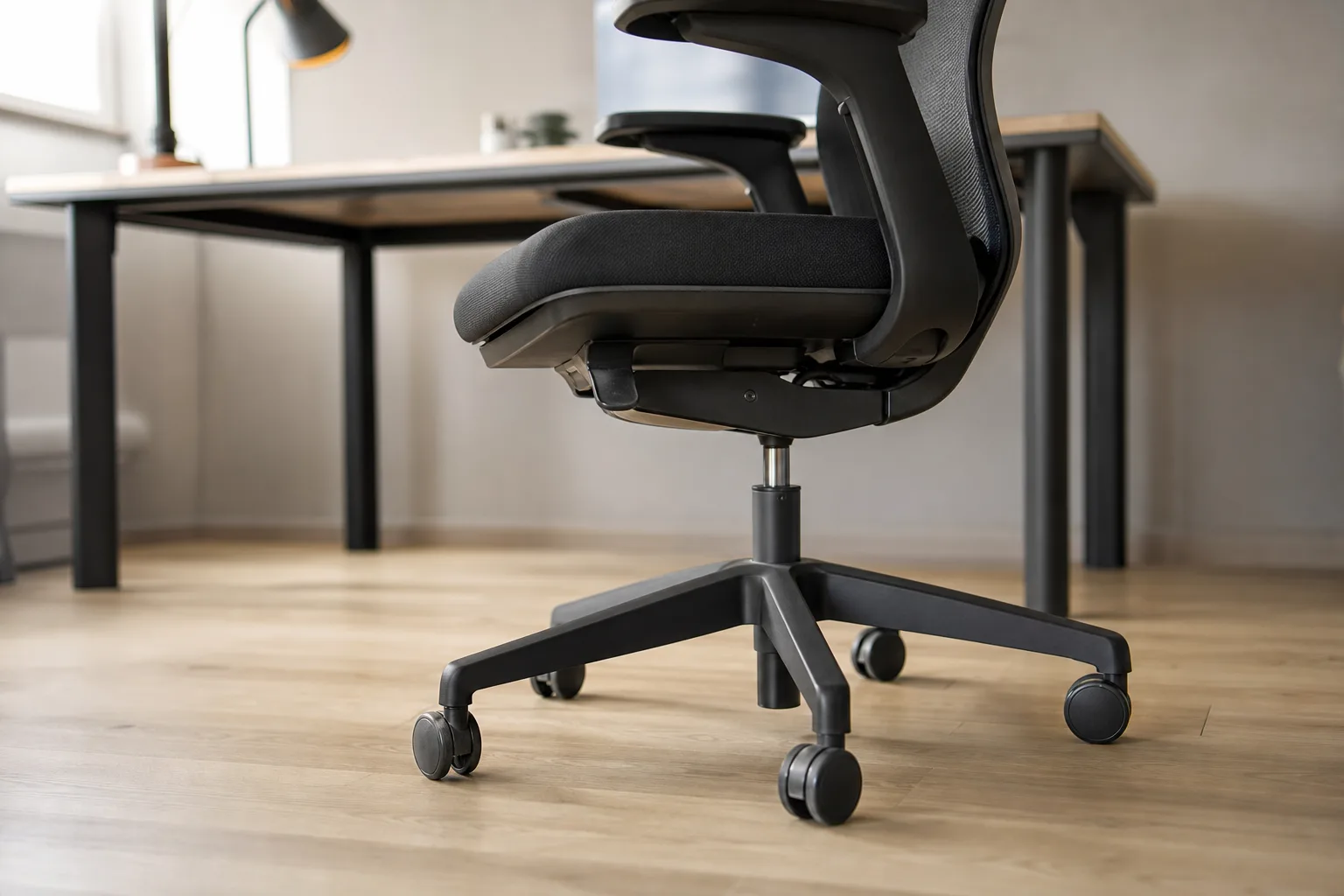 Gros plan sur les roulettes d’un siège de travail posées sur un parquet clair près d’un bureau.