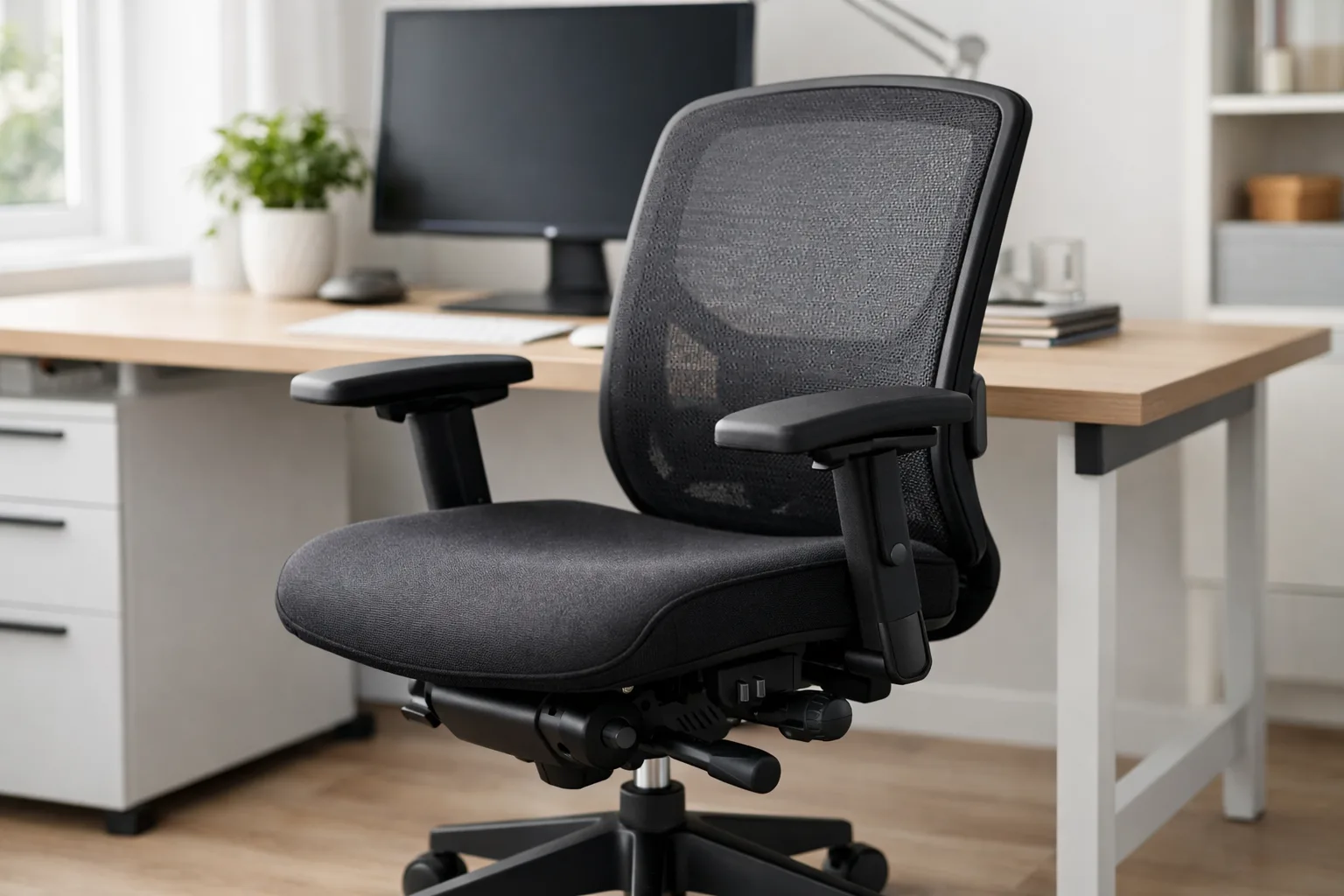 Siège opérateur vu de trois quarts, avec ses accoudoirs et les commandes situées sous l’assise.